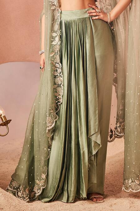 Buy_Sachkiran Bimbra_Green Satin Cut Work, Embroidery, Ivy Bloom Sheer Cape Draped Skirt Set _Online_at_Aza_Fashions