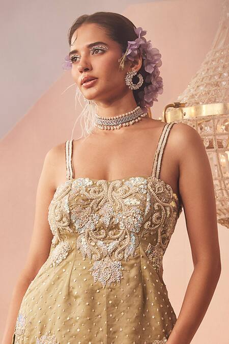 Sachkiran Bimbra_Green Organza, Satin Cut Work, Embroidery, Padma Bloom Kurta Sharara Set _Online_at_Aza_Fashions