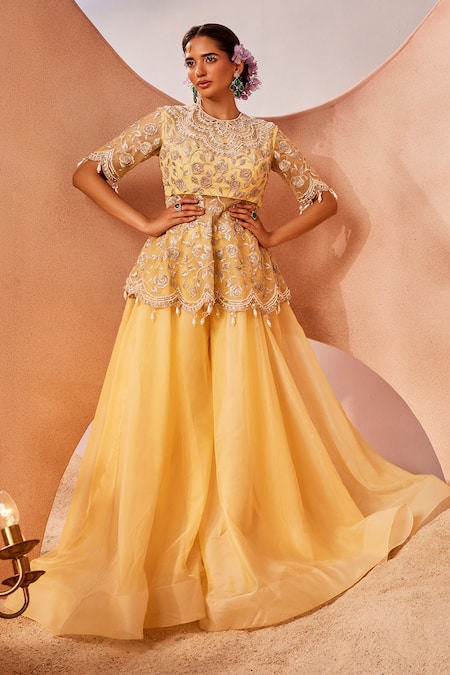 Sachkiran Bimbra Yellow Organza Embroidery Zari High Neck Rosa Peplum Kurta With Sharara 