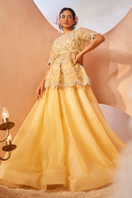 Sachkiran Bimbra Rosa Embroidered Peplum Kurta With Sharara 