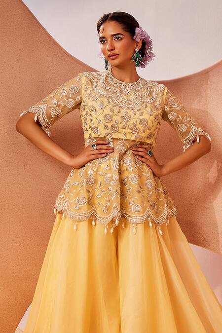 Sachkiran Bimbra_Yellow Organza Cut Work, Pearls Round Rosa Embroidered Peplum Kurta With Sharara _Online_at_Aza_Fashions