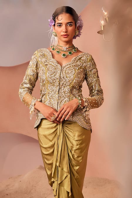 Sachkiran Bimbra Glory Garden Embroidered Jacket With Draped Skirt 