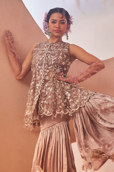 Sachkiran Bimbra French Bloom Embroidered Short Kurta Sharara Set 