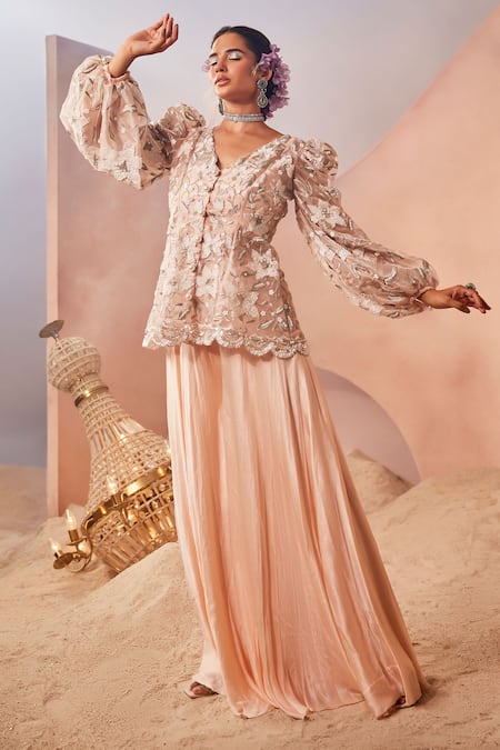 Sachkiran Bimbra Peach Chiffon Embroidery Zari V Neck Lily Garden Short Kurta With Sharara 