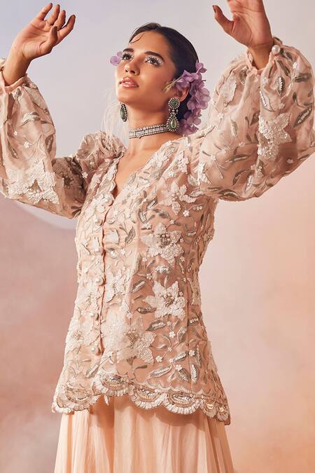 Sachkiran Bimbra_Peach Organza, Chiffon Pearls, Lily Garden Embroidered Short Kurta With Sharara _Online_at_Aza_Fashions