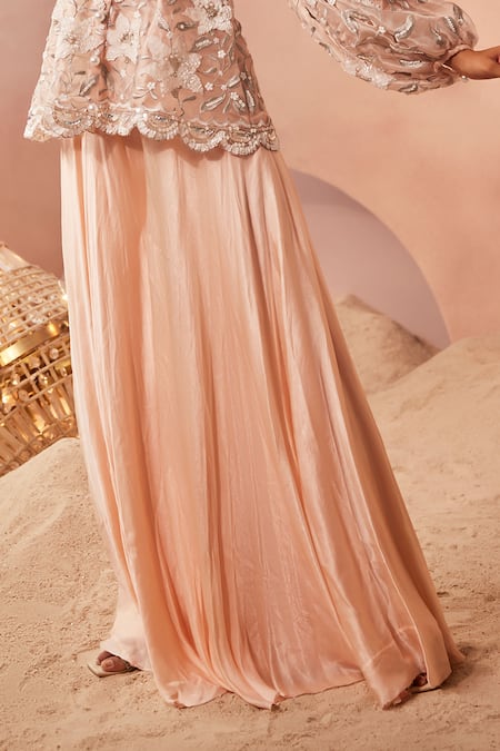 Buy_Sachkiran Bimbra_Peach Organza, Chiffon Pearls, Lily Garden Embroidered Short Kurta With Sharara _Online_at_Aza_Fashions