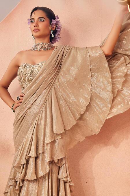 Sachkiran Bimbra Beige Organza, Chiffon Sequins, Pearls Shimmering Pre-draped Ruffle Saree Set Online at Aza Fashions Sachkiran Bimbra_Beige Organza, Chiffon Sequins, Pearls Shimmering Pre-draped Ruffle Saree Set _Online_at_Aza_Fashions