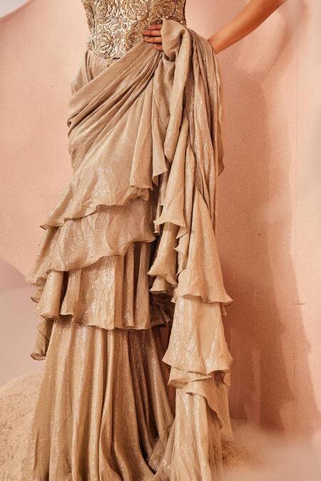 Buy Sachkiran Bimbra Beige Organza, Chiffon Sequins, Pearls Shimmering Pre-draped Ruffle Saree Set Online at Aza Fashions Buy_Sachkiran Bimbra_Beige Organza, Chiffon Sequins, Pearls Shimmering Pre-draped Ruffle Saree Set _Online_at_Aza_Fashions