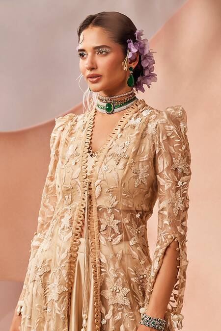 Sachkiran Bimbra_Gold Organza, Satin Cut Work, Diamonds, Lily Fleur Jacket Lehenga Set _Online_at_Aza_Fashions