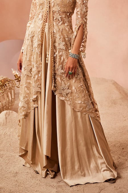 Buy_Sachkiran Bimbra_Gold Organza, Satin Cut Work, Diamonds, Lily Fleur Jacket Lehenga Set _Online_at_Aza_Fashions