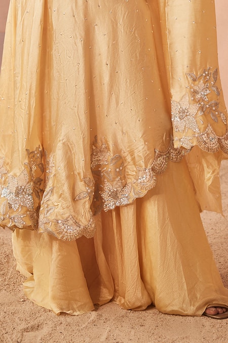 Sachkiran Bimbra_Yellow Organza, Chiffon Cut Work, Buttercup Bloom Kurta With Gharara _Online_at_Aza_Fashions