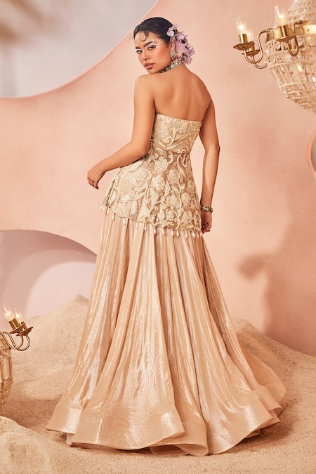 Sachkiran Bimbra Shimmery Lehenga With Bloom Off Shoulder Peplum Blouse 