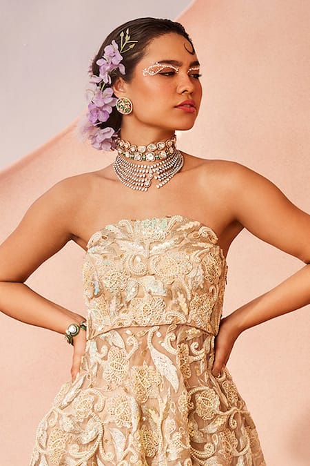 Sachkiran Bimbra_Peach Organza, Chiffon Cut Work, Shimmery Lehenga With Bloom Off Peplum Blouse _Online_at_Aza_Fashions