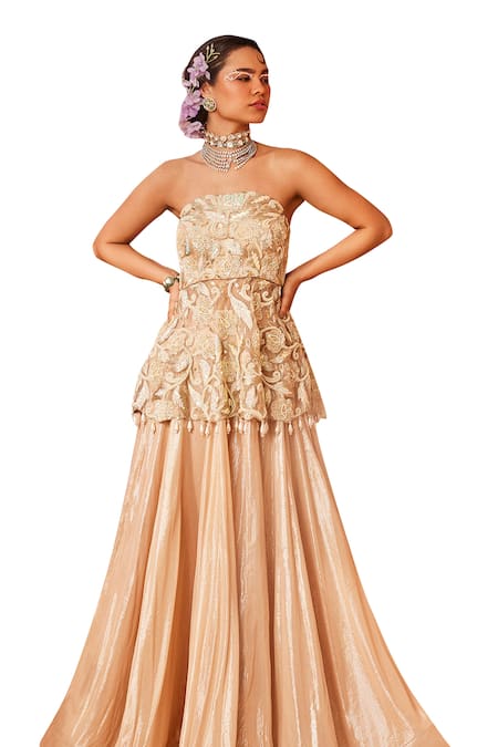 Buy_Sachkiran Bimbra_Peach Organza, Chiffon Cut Work, Shimmery Lehenga With Bloom Off Peplum Blouse _Online_at_Aza_Fashions