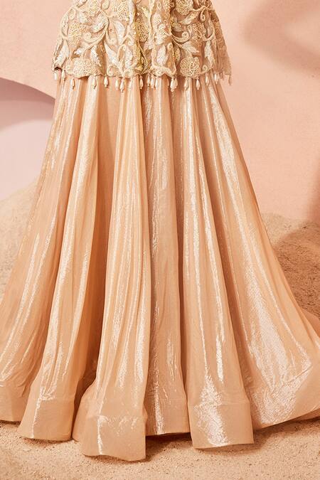 Shop_Sachkiran Bimbra_Peach Organza, Chiffon Cut Work, Shimmery Lehenga With Bloom Off Peplum Blouse _Online_at_Aza_Fashions