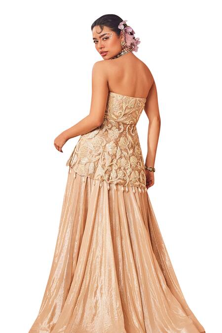Sachkiran Bimbra_Peach Organza, Chiffon Cut Work, Shimmery Lehenga With Bloom Off Peplum Blouse _at_Aza_Fashions