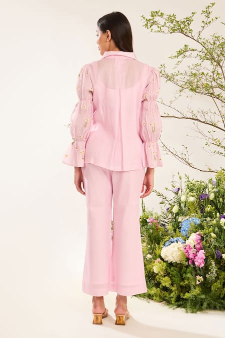 Shop Meadow Pink Silk, Cotton Embroidery Collared Daisy Hand Shirt at Aza Fashions Shop_Meadow_Pink Silk, Cotton Embroidery Collared Daisy Hand Shirt _at_Aza_Fashions