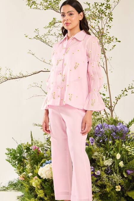 Meadow Pink Silk, Cotton Embroidery Collared Daisy Hand Shirt Online at Aza Fashions Meadow_Pink Silk, Cotton Embroidery Collared Daisy Hand Shirt _Online_at_Aza_Fashions