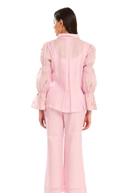 Buy Meadow Pink Silk, Cotton Embroidery Collared Daisy Hand Shirt Online at Aza Fashions Buy_Meadow_Pink Silk, Cotton Embroidery Collared Daisy Hand Shirt _Online_at_Aza_Fashions