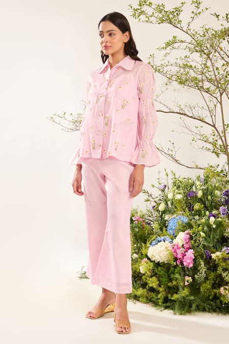 Buy Meadow Pink Silk, Cotton Embroidery Collared Daisy Hand Shirt Buy_Meadow_Pink Silk, Cotton Embroidery Collared Daisy Hand Shirt