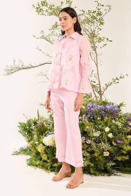 Shop Meadow Pink Silk, Cotton Embroidery Collared Daisy Hand Shirt Shop_Meadow_Pink Silk, Cotton Embroidery Collared Daisy Hand Shirt