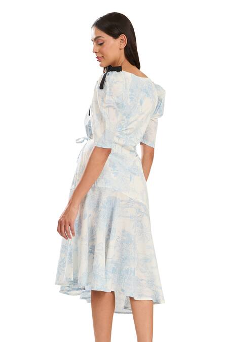 Meadow Blue Cotton Bows V-neck Toile De Jouy Print Asymmetric Dress at Aza Fashions Meadow_Blue Cotton Bows V-neck Toile De Jouy Print Asymmetric Dress _at_Aza_Fashions