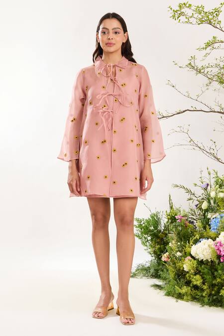 Meadow Pink Silk, Cotton, Organza Embroidery Collared Poppy Floral Tie-up Dress Online at Aza Fashions Meadow_Pink Silk, Cotton, Organza Embroidery Collared Poppy Floral Tie-up Dress _Online_at_Aza_Fashions