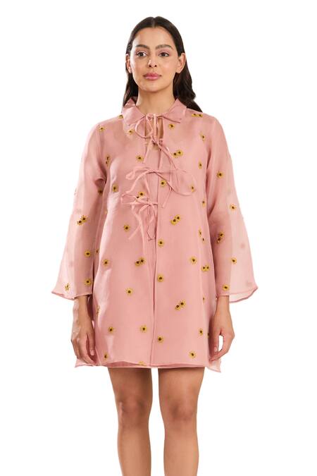 Buy Meadow Pink Silk, Cotton, Organza Embroidery Collared Poppy Floral Tie-up Dress Online at Aza Fashions Buy_Meadow_Pink Silk, Cotton, Organza Embroidery Collared Poppy Floral Tie-up Dress _Online_at_Aza_Fashions