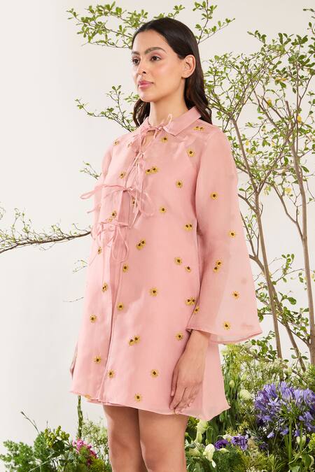 Shop Meadow Pink Silk, Cotton, Organza Embroidery Collared Poppy Floral Tie-up Dress Online at Aza Fashions Shop_Meadow_Pink Silk, Cotton, Organza Embroidery Collared Poppy Floral Tie-up Dress _Online_at_Aza_Fashions