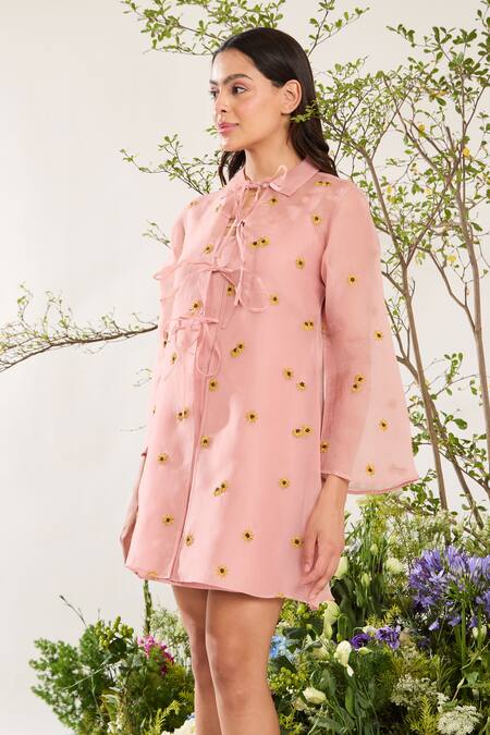 Meadow Pink Silk, Cotton, Organza Embroidery Collared Poppy Floral Tie-up Dress at Aza Fashions Meadow_Pink Silk, Cotton, Organza Embroidery Collared Poppy Floral Tie-up Dress _at_Aza_Fashions