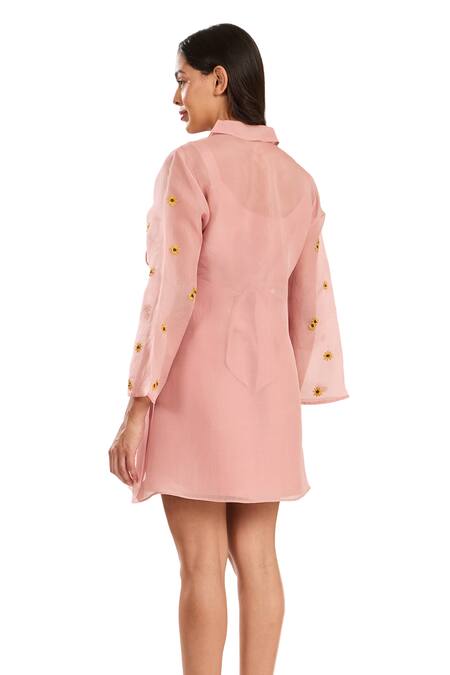 Buy Meadow Pink Silk, Cotton, Organza Embroidery Collared Poppy Floral Tie-up Dress Buy_Meadow_Pink Silk, Cotton, Organza Embroidery Collared Poppy Floral Tie-up Dress