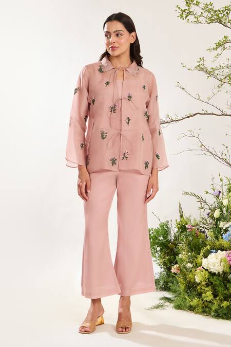Shop Meadow Pink Silk, Cotton, Organza Embroidery Collared Floral Hand Jacket Pant Set Online at Aza Fashions Shop_Meadow_Pink Silk, Cotton, Organza Embroidery Collared Floral Hand Jacket Pant Set _Online_at_Aza_Fashions