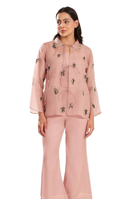 Buy Meadow Pink Silk, Cotton, Organza Embroidery Collared Floral Hand Jacket Pant Set Buy_Meadow_Pink Silk, Cotton, Organza Embroidery Collared Floral Hand Jacket Pant Set