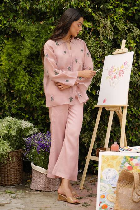 Shop Meadow Pink Silk, Cotton, Organza Embroidery Collared Floral Hand Jacket Pant Set Shop_Meadow_Pink Silk, Cotton, Organza Embroidery Collared Floral Hand Jacket Pant Set