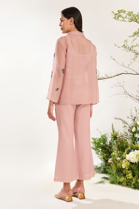 Shop Meadow Pink Silk, Cotton, Organza Embroidery Collared Floral Hand Jacket at Aza Fashions Shop_Meadow_Pink Silk, Cotton, Organza Embroidery Collared Floral Hand Jacket _at_Aza_Fashions