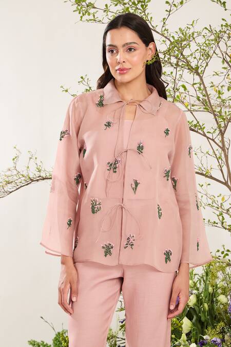 Meadow Pink Silk, Cotton, Organza Embroidery Collared Floral Hand Jacket Online at Aza Fashions Meadow_Pink Silk, Cotton, Organza Embroidery Collared Floral Hand Jacket _Online_at_Aza_Fashions