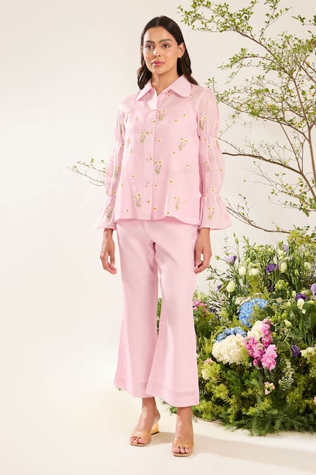 Meadow Daisy Hand Embroidered Shirt With Pant 