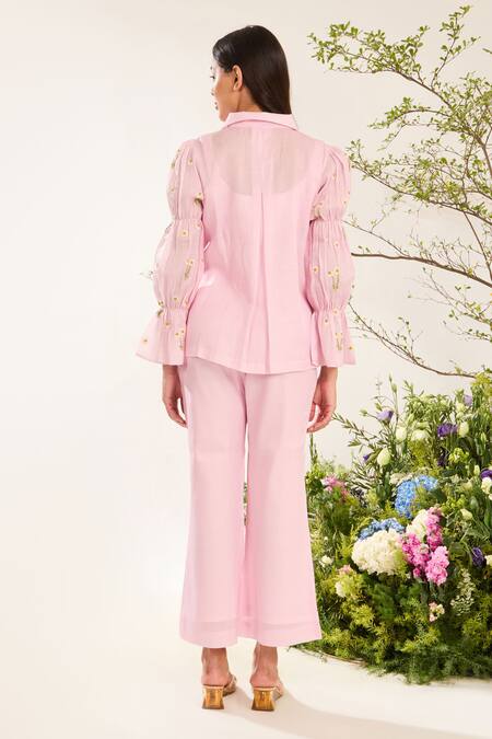 Shop Meadow Pink Silk, Cotton Embroidery Collared Daisy Hand Shirt With Pant at Aza Fashions Shop_Meadow_Pink Silk, Cotton Embroidery Collared Daisy Hand Shirt With Pant _at_Aza_Fashions