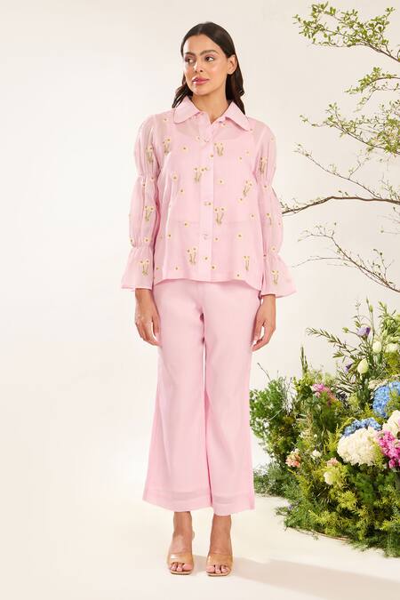 Shop Meadow Pink Silk, Cotton Embroidery Collared Daisy Hand Shirt With Pant Online at Aza Fashions Shop_Meadow_Pink Silk, Cotton Embroidery Collared Daisy Hand Shirt With Pant _Online_at_Aza_Fashions
