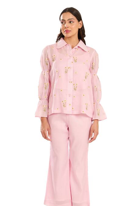 Meadow Pink Silk, Cotton Embroidery Collared Daisy Hand Shirt With Pant at Aza Fashions Meadow_Pink Silk, Cotton Embroidery Collared Daisy Hand Shirt With Pant _at_Aza_Fashions