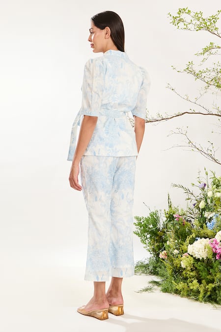 Shop Meadow Blue Cotton V-neck Toile De Jouy Print Jacket And Pant Set at Aza Fashions Shop_Meadow_Blue Cotton V-neck Toile De Jouy Print Jacket And Pant Set _at_Aza_Fashions