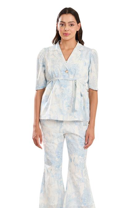 Buy Meadow Blue Cotton V-neck Toile De Jouy Print Jacket And Pant Set Online at Aza Fashions Buy_Meadow_Blue Cotton V-neck Toile De Jouy Print Jacket And Pant Set _Online_at_Aza_Fashions