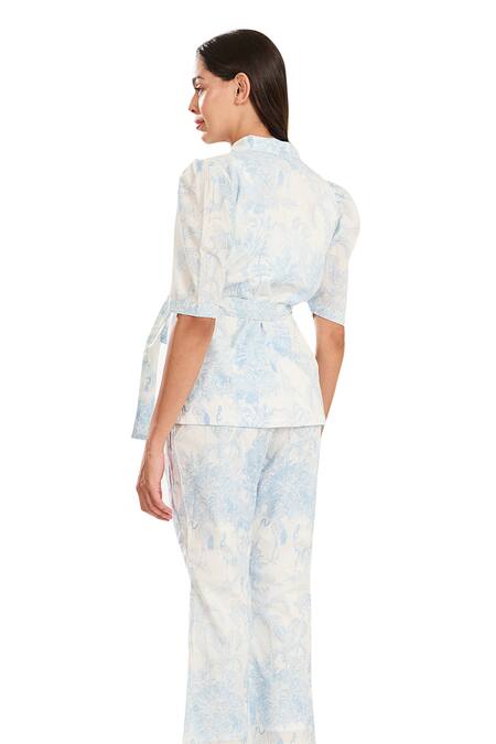 Shop Meadow Blue Cotton V-neck Toile De Jouy Print Jacket And Pant Set Online at Aza Fashions Shop_Meadow_Blue Cotton V-neck Toile De Jouy Print Jacket And Pant Set _Online_at_Aza_Fashions