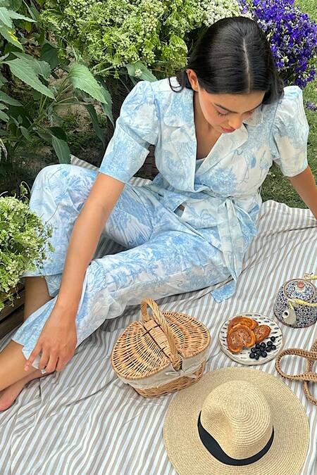 Buy Meadow Blue Cotton V-neck Toile De Jouy Print Jacket And Pant Set Buy_Meadow_Blue Cotton V-neck Toile De Jouy Print Jacket And Pant Set