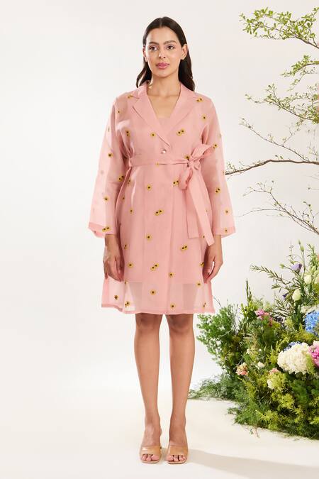 Meadow Pink Dress - Silk Cotton Organza Hand Embroidery Sunflower Lapel Floral Coat  3