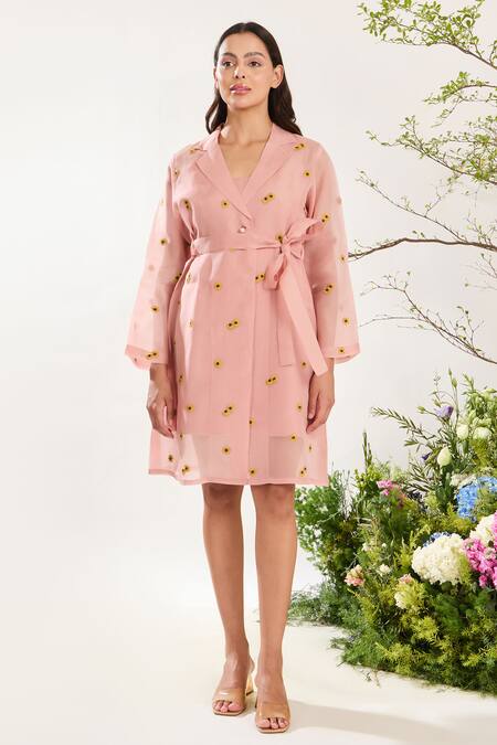 Meadow Pink Dress - Silk Cotton Organza Hand Embroidery Sunflower Lapel Floral Coat  4