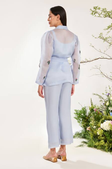 Shop Meadow Blue Silk, Cotton, Organza Embroidery Flower Vine Hand Jacket And Pant Set at Aza Fashions Shop_Meadow_Blue Silk, Cotton, Organza Embroidery Flower Vine Hand Jacket And Pant Set _at_Aza_Fashions