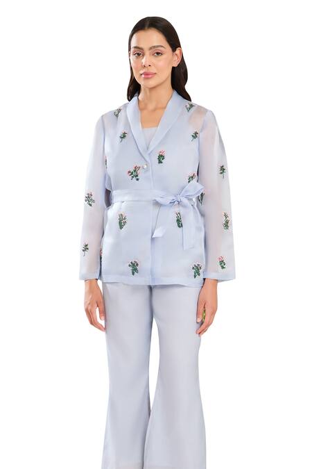 Meadow Blue Silk, Cotton, Organza Embroidery Flower Vine Hand Jacket And Pant Set Online at Aza Fashions Meadow_Blue Silk, Cotton, Organza Embroidery Flower Vine Hand Jacket And Pant Set _Online_at_Aza_Fashions