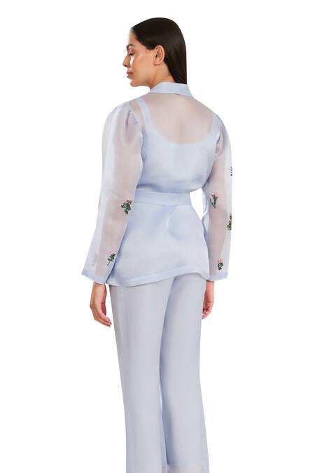 Buy Meadow Blue Silk, Cotton, Organza Embroidery Flower Vine Hand Jacket And Pant Set Online at Aza Fashions Buy_Meadow_Blue Silk, Cotton, Organza Embroidery Flower Vine Hand Jacket And Pant Set _Online_at_Aza_Fashions