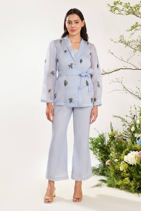 Shop Meadow Blue Silk, Cotton, Organza Embroidery Flower Vine Hand Jacket And Pant Set Online at Aza Fashions Shop_Meadow_Blue Silk, Cotton, Organza Embroidery Flower Vine Hand Jacket And Pant Set _Online_at_Aza_Fashions